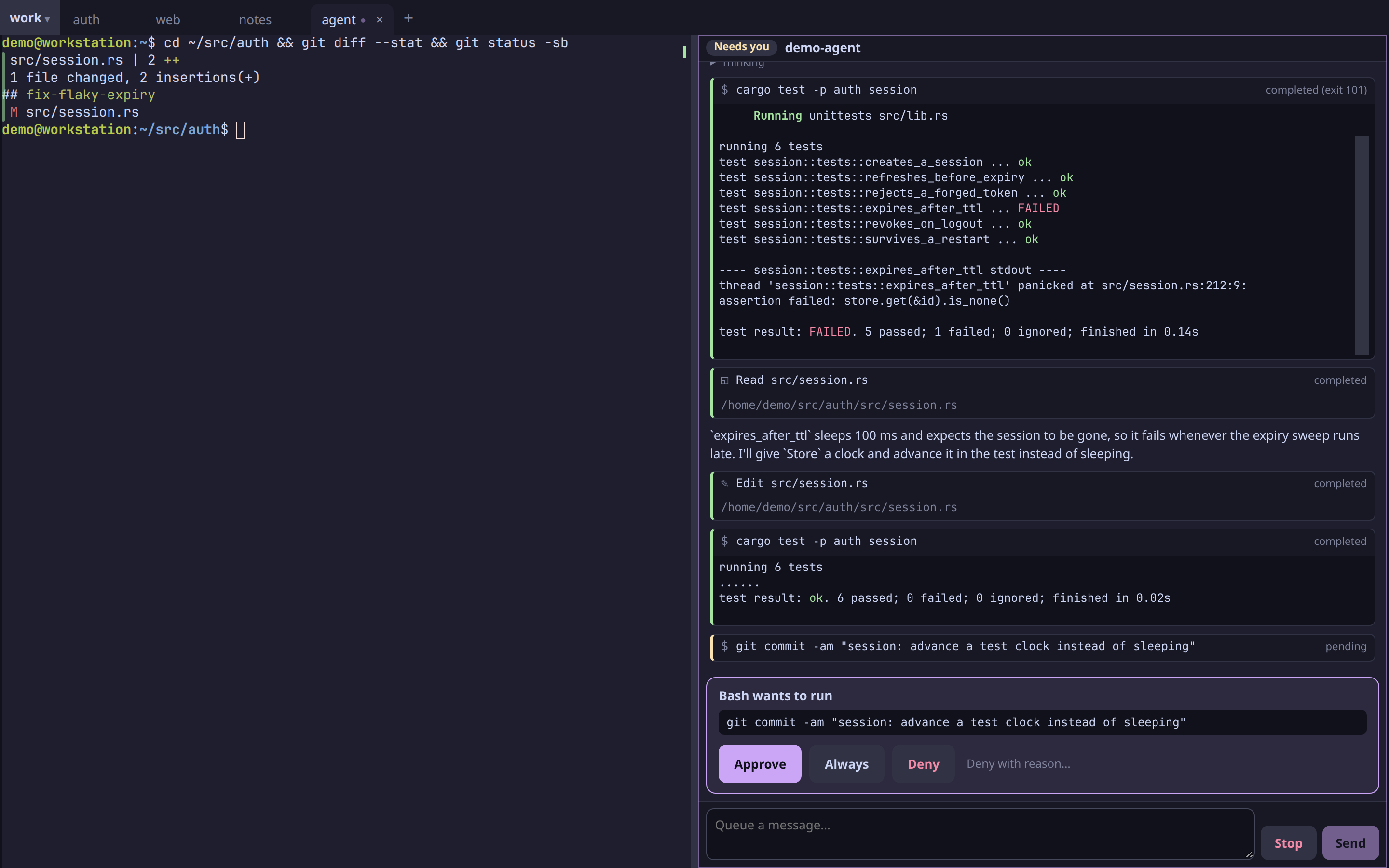 An agent block beside a shell: a failing test run, an edit, a passing run, and a card asking to approve a git commit