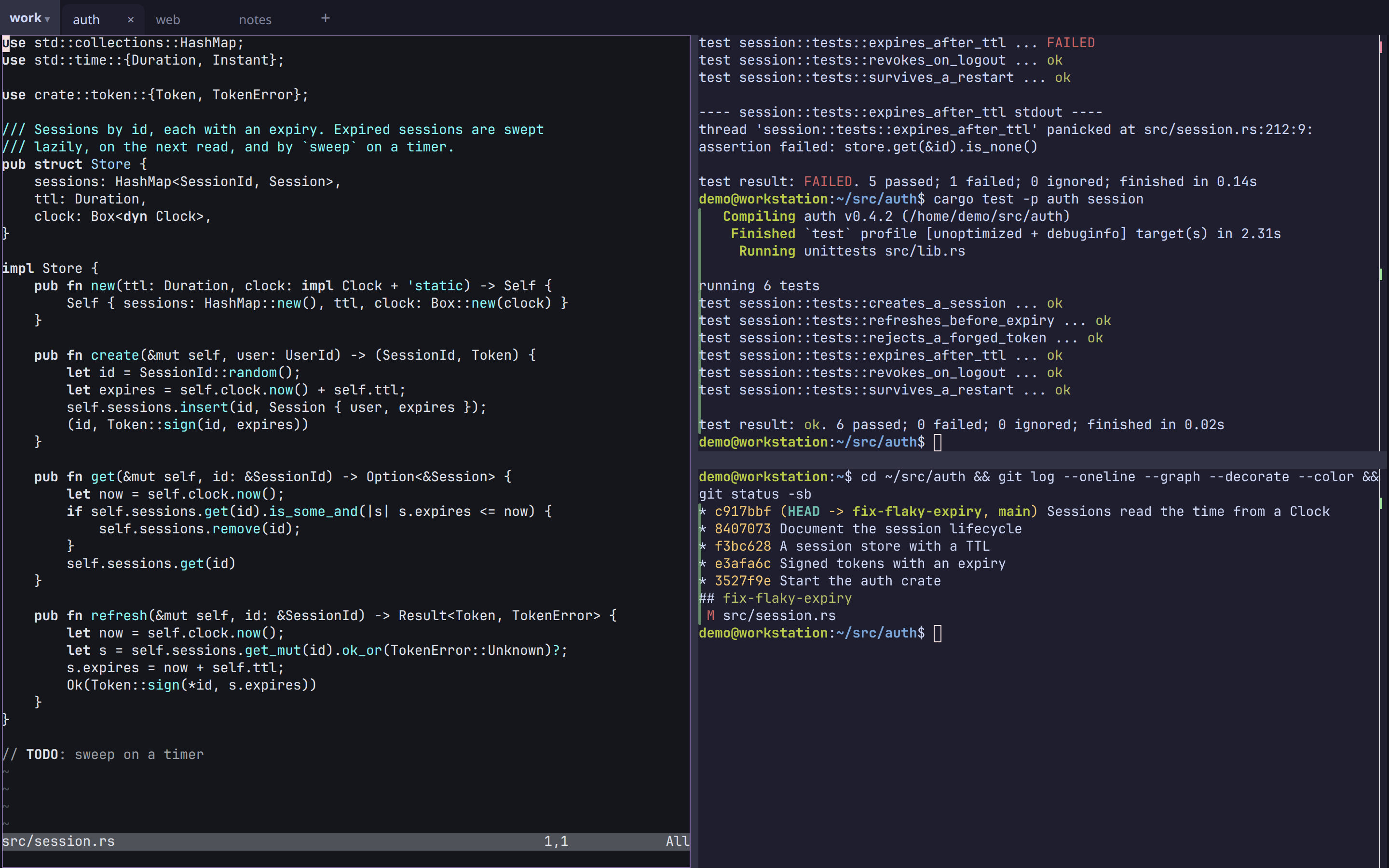 illogical in a browser: an editor, a test run and a git log in three panes, with tabs along the top