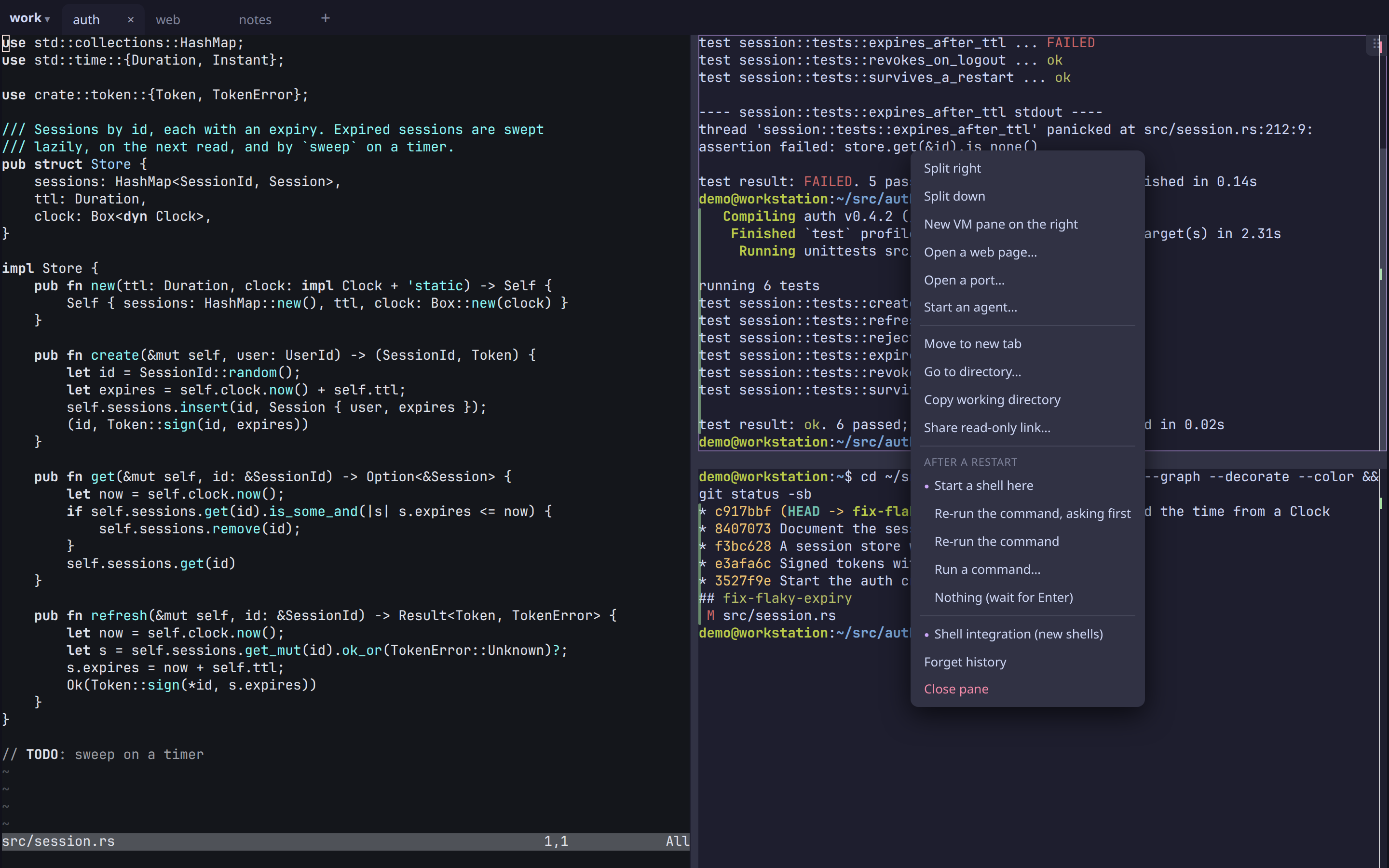 The right-click menu on a pane: split, move, restart policy and more