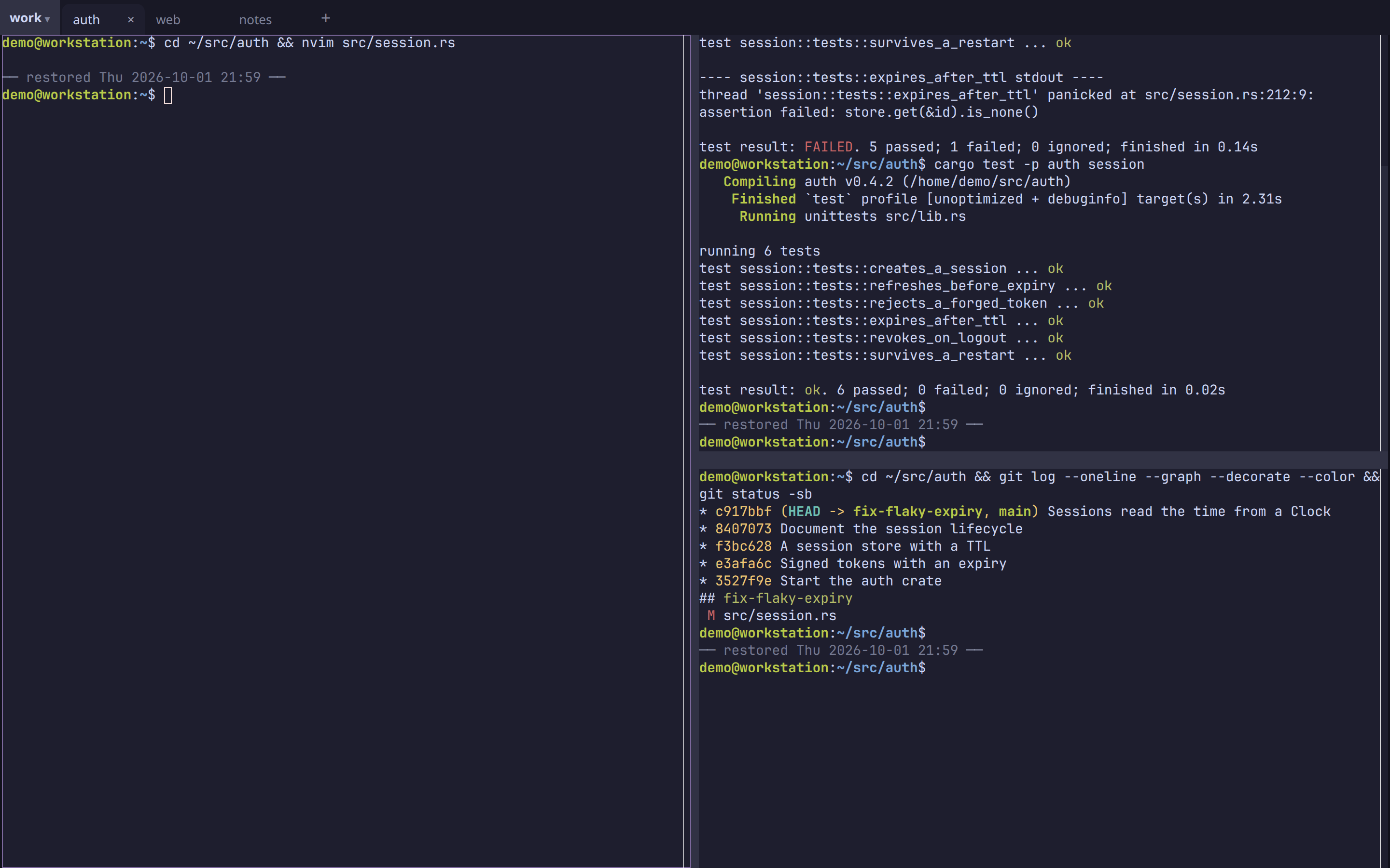 Panes after the daemon was killed: their scrollback is back, marked restored, with a fresh prompt